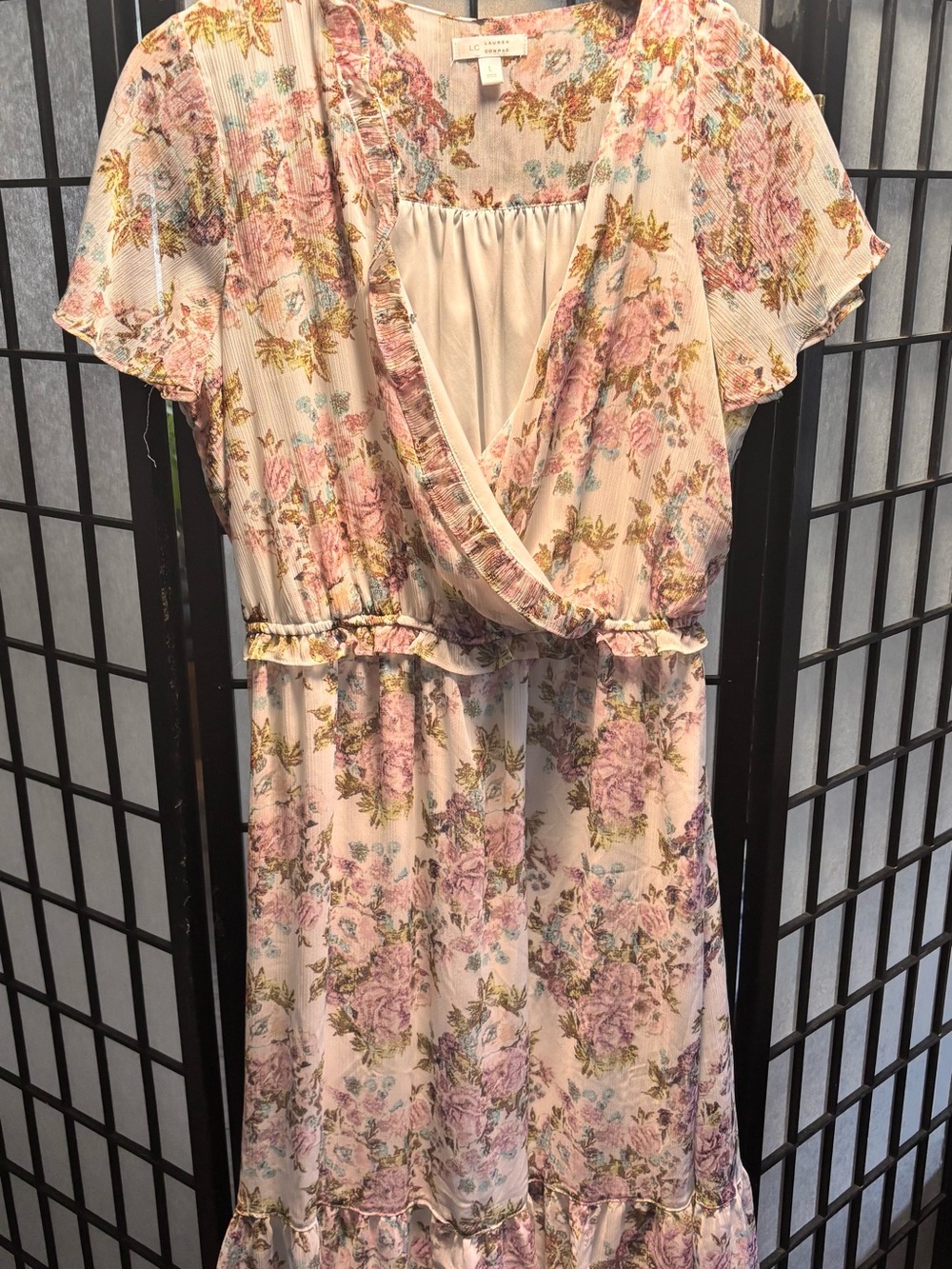 LC Lauren Conrad Pink Floral Ruffled Wrap-Front Dress
